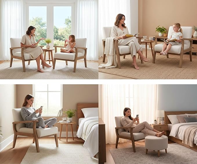Beige Accent Chair Set of 2 Mid Century Modern Living Room Armchair Wood Sitting Chair Linen Fabric Upholstered Side Chair for Bedroom Cream