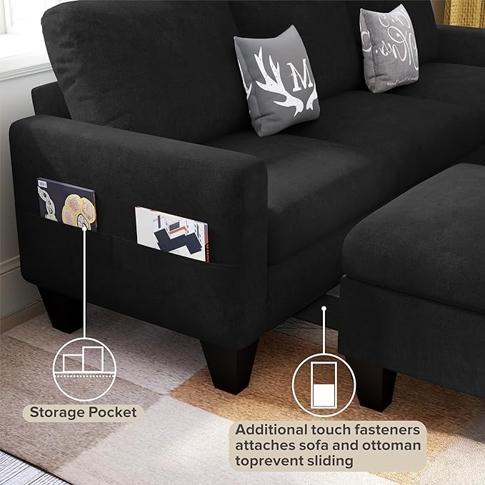 78 Sectional Sofa Couches for Living Room Black Convertible L Shaped Couch with Storage Ottoman Deep Seat Pet-Friendly Velvet Fabric Sofa Set for Small Space Apartment Dorm