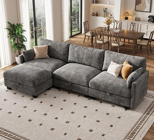 Modular Sectional U Shaped Sofa Couches for Living Room Cloud Couch with Storage Ottoman Comfy Chenille Sofa with Pillow Dark Gray