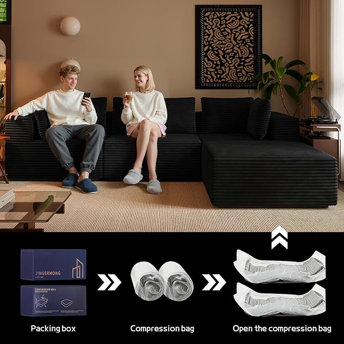 106 Sectional Sofa Couch 4-Piece L-Shaped Cloud Couch with Chaise Modular Sofa for Living Room with Sturdy Metal Frame &amp 5 Pillows Boneless Fluffy Corduroy Deep Seat Couch(Black)