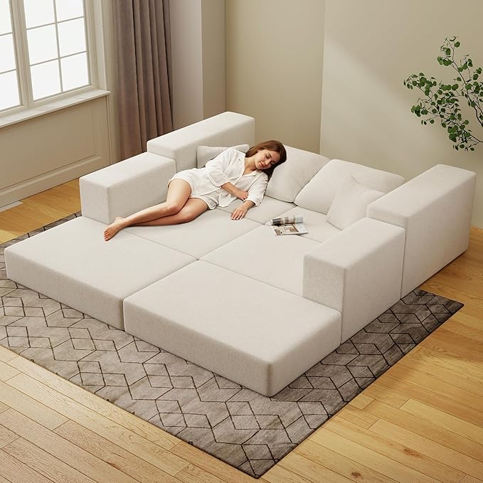 Cloud Modular Sectional Sofa Comfy Boneless Couch for Living Room Modern L-Shaped Couch with Reversible Chaise Customizable Sleeper Sofa with Non Slip No Assembly &amp Deep Seat Beige