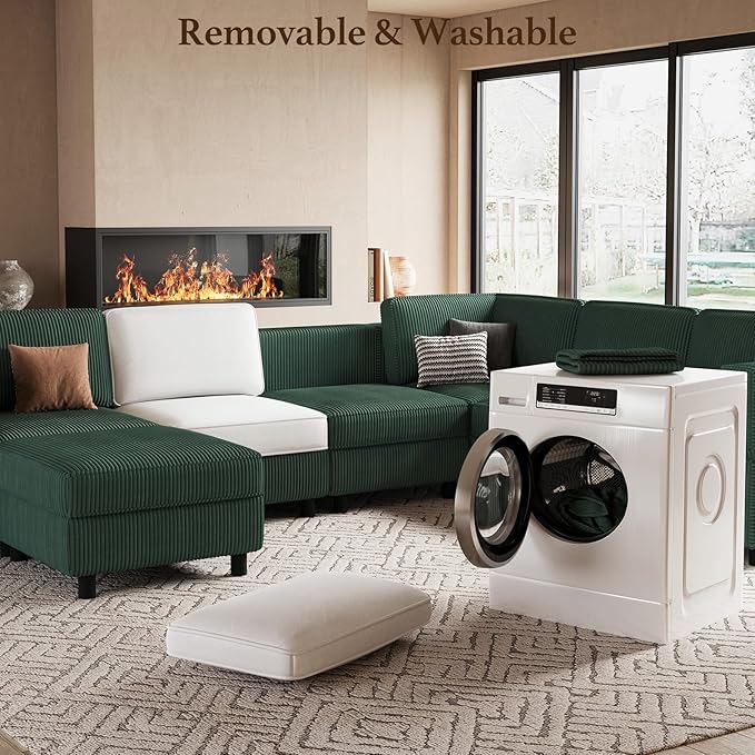114.2 U-Shaped 6-Seater Convertible Sectional Sofa Corduroy Modular Sleeper with Deep Storage Seat &amp Movable Ottoman Green