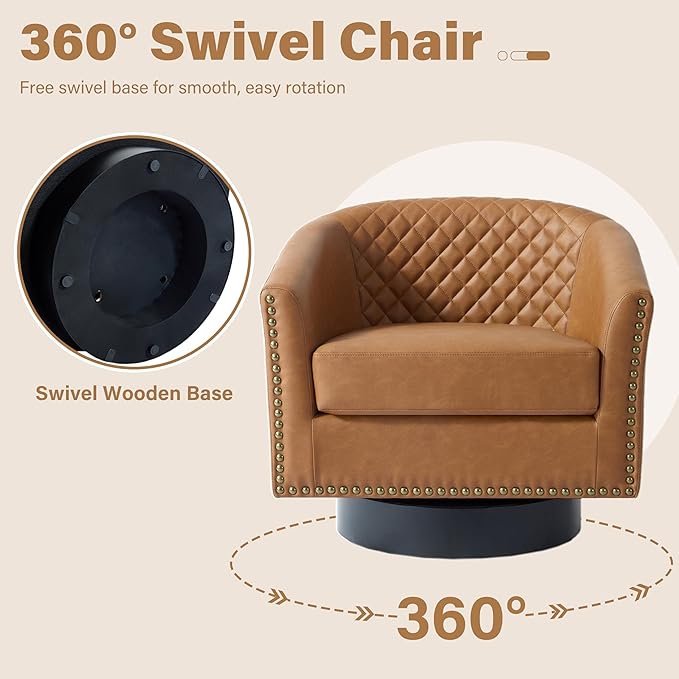 Pia Ricco Faux Leather Swivel Barrel Accent Chairs 360° Swivel Round Single Sofa Chair Comfy Upholstered Club Armchair with Nailhead Trim for Living Room/Reading Room/Bedroom Coffee