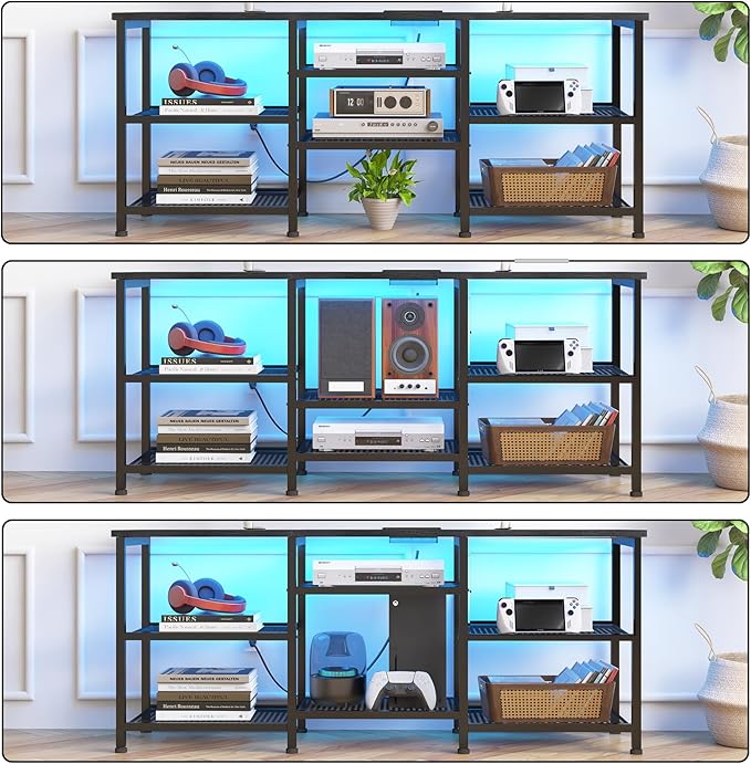 YGEOMER TV Stand for TVs Up to 55 Inches Entertainment Center with Power Outlet and LED Lights Open Storage Shelves TV Media Console Table for Living Room and Bedroom Black