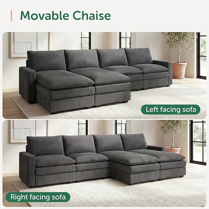 HONBAY 127.2 Inch Corduroy Cloud Modular Sectional Sofa with Chaise Deep Seat U-Shaped Couch with Storage for Living Room Apartment Small SpaceGrey