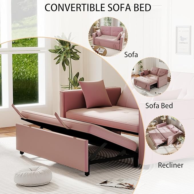 Pull Out Sofa Bed: 56 Pink 3 in 1 Convertible Sleeper Sofa Bed Velvet Loveseat Sleeper Couch with Storage Comfy Futon Couch Beds for Living Room | Velvet