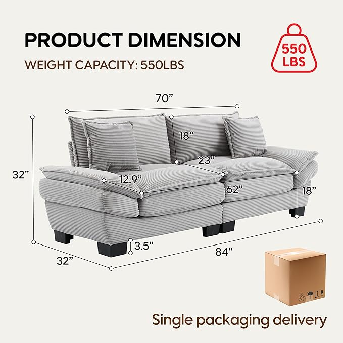 Modern 84 Corduroy Loveseat Sofa Ultra-Comfy Couch with 2 Pillows for Apartment Living Room Bedroom Home Office (Light Gray)