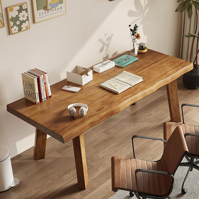Solid Wood Desk 55 inches Live Edge Wooden Home Office Computer Desk Modern Simple Design for Writing Study Dining Gaming