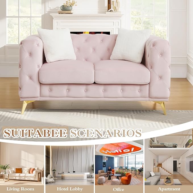 61.25 Velvet Chesterfield Sofa Mid-Century Modern Love Seat Button Tufted Couch with Curved Arms Gold Metal Legs Deep Seat Small Space Comfortable Living Room Bedroom Furniture (Pink 2 Seater)