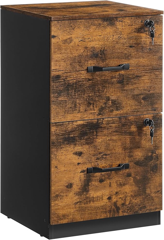 VASAGLE 2 Drawers File Cabinet with Lock Printer Stand Office Filing Cabinet Organizer for A4 and Letter Size Documents Rustic Brown and Ink Black UOFC061B01