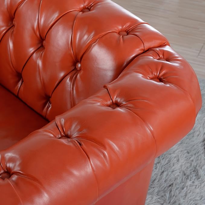 KEIKI 39 PU Leather Chesterfield Sofa with Rolled Arms &amp High Resilience Cushion Modern Style Upholstered 1-Seater Button Tufted Couch with Birch Legs Easy Assembly for Living Room Orange