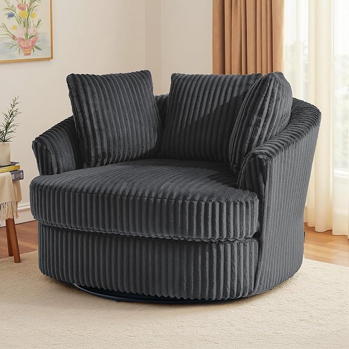 Oversized Round Swivel Barrel Accent Chair with Pillows Comfy Modern Chaise Lounge Sofa Indoor for Living Room Bedroom (Dark Grey Set of 1)