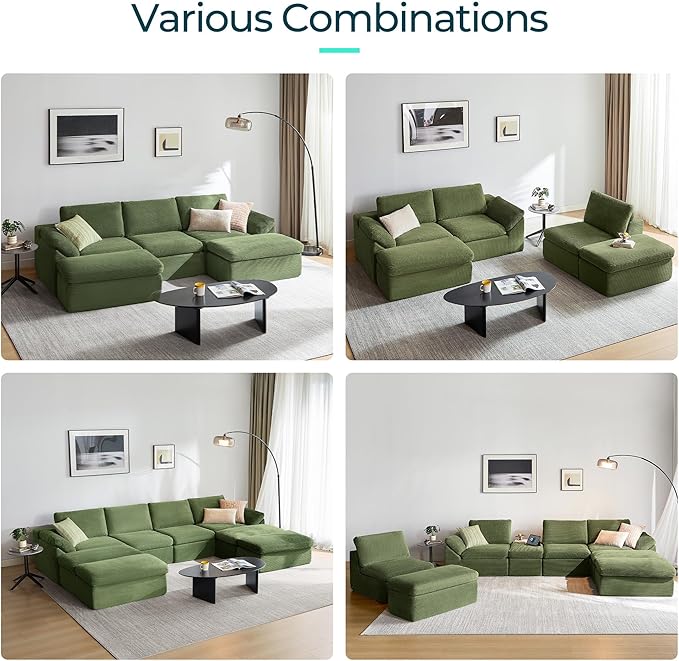 LINSY HOME 139 Modular Couch Modern Boneless Cloud Couch U Shaped Sofa with Movable Ottomans Deep Seat Corduroy Sectional Couches for Living Room Apartment No Assembly Required Green