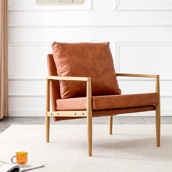 PU Leather Accent Arm Chair Mid Century Modern Upholstered Armchair with Imitation Solid Wood Color Metal Frame Extra-Thick Padded Backrest and Seat Cushion Sofa Chairs for Living Room
