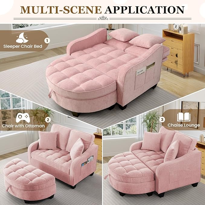 Oversized Chair and A Half Chenille Tufting Accent Cozy Reading Sofa Chair with Storage Ottoman Upholstered Loveseat Chaise Lounge Sofa with Adjustable Back for Living Room Office Sunroom Pink