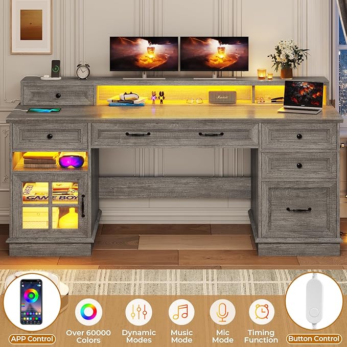 BTHFST Farmhouse Executive Desk with File Drawer Computer Desk with Charging Station &amp LED Lights Home Office Desk with Drawers &amp Storage Cabinet Executive Office Desk with Monitor Stand G