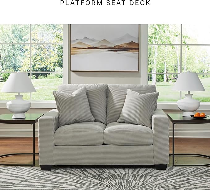 Signature Design by Ashley Ammon Casual Anti Sag Loveseat with Loose Seat Cushion and 2 Accent Pillows Light Gray