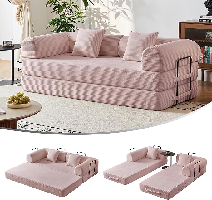 79'' Convertible Sofa Bed 5-in-1 Folding Corduroy Sleeper Couch with Pull Out Bed Oversized Modular Floor Sofa No Assembly Space-Saving Guest Bed for Apartment Living Room Bedroom (Pink) | Convert