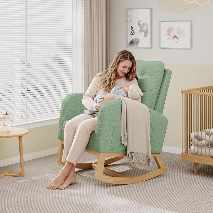 GarveeHome Nursery Rocking Chair Teddy Fleece Upholstery Sturdy Wooden Legs &amp High Backrest Comfortable Glider Rocking Chair for Living Room or Bedroom Light Green