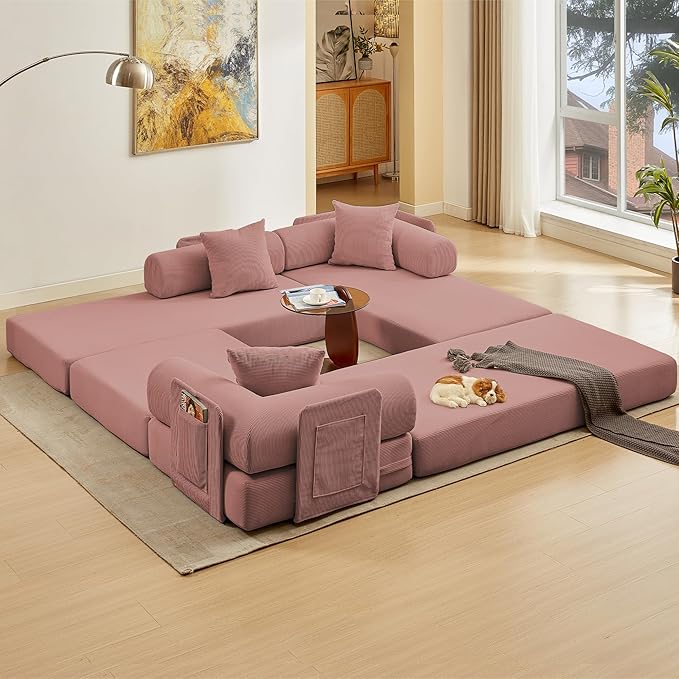 L Shaped Convertible Modular Boneless Sofa Bed with Cylindrical Pillow Corduroy Folding Floor Sofa Couch Bed with Fixed-Shape Frame &amp Storage Pocket for Living Room Pink