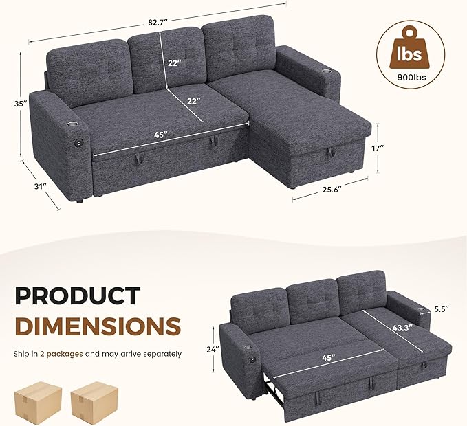 83'' Pull Out Sofa Bed 2 in 1 Convertible Sleeper Sofa Couch with Storage Chaise &amp USB Charging Comfy Linen Modular Couches for Living Room ApartmentDark Grey 1 PCS