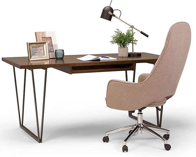 SIMPLIHOME Ryder SOLID WOOD Modern Industrial 66 inch Wide Writing Office Desk in Natural Aged Brown for the Office Desk Writing Table Workstation and Study Table