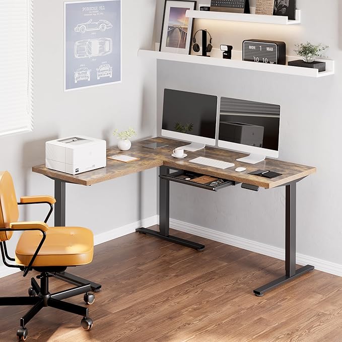 SANODESK L Shaped Electric Standing Desk with Drawer 63 Inch Ergonomic Adjustable Height Desk with Storage Corner Desk Sit Stand up Computer Table for Work Office Home Rustic Brown