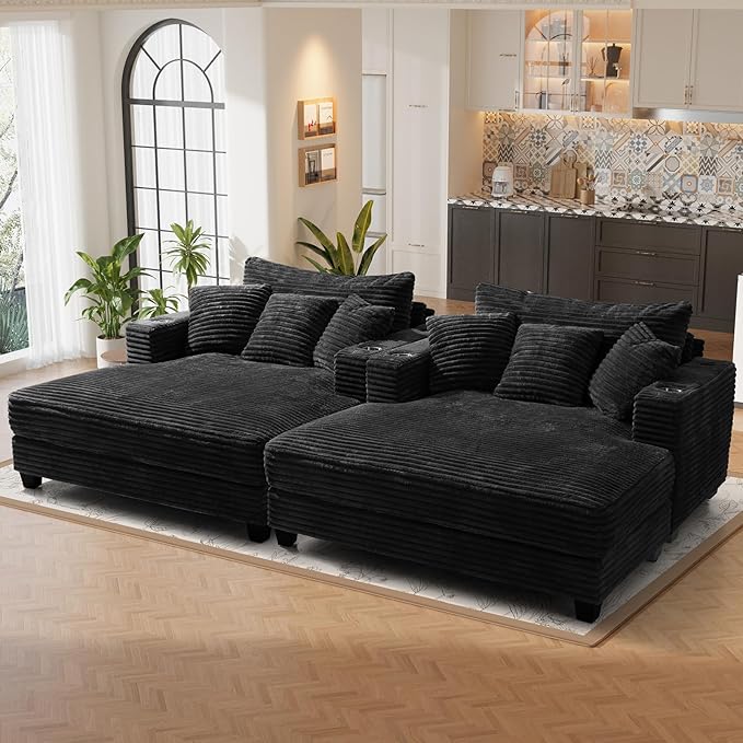 60 Chaise Lounge Indoor Upgraded Oversized Plush Faux Fur Sleeper Sofa Bed w/Pillows &amp Wide Armrests Fluffy Upholstered Reading Chairs Cloud Sofa Couches for Living Room Set of 2Black
