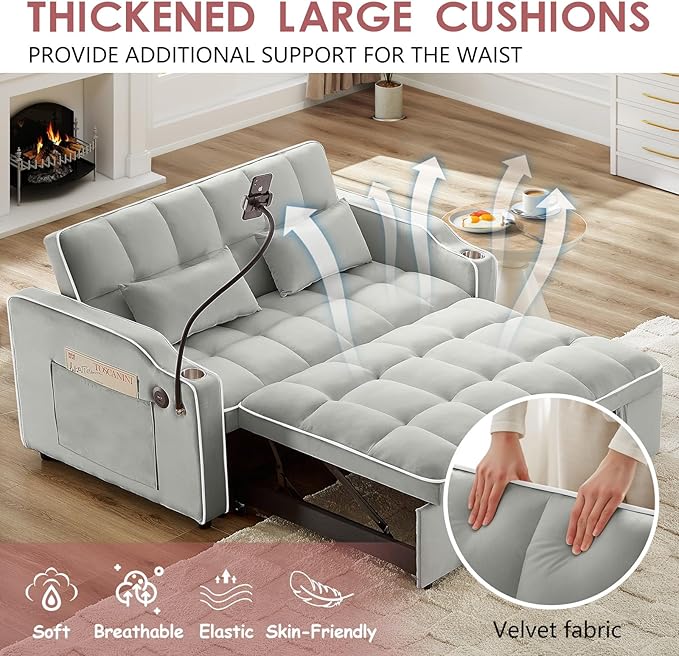 3 in 1 Convertible Sofa Bed Velvet Pull Out Couch Bed w/ Adjustable Back Love Seat Sleeper Beds w/ USB Ports &amp Cup Holders Phone Stand Full Size Futon Couch for Living Room Small Spaces (Gray)