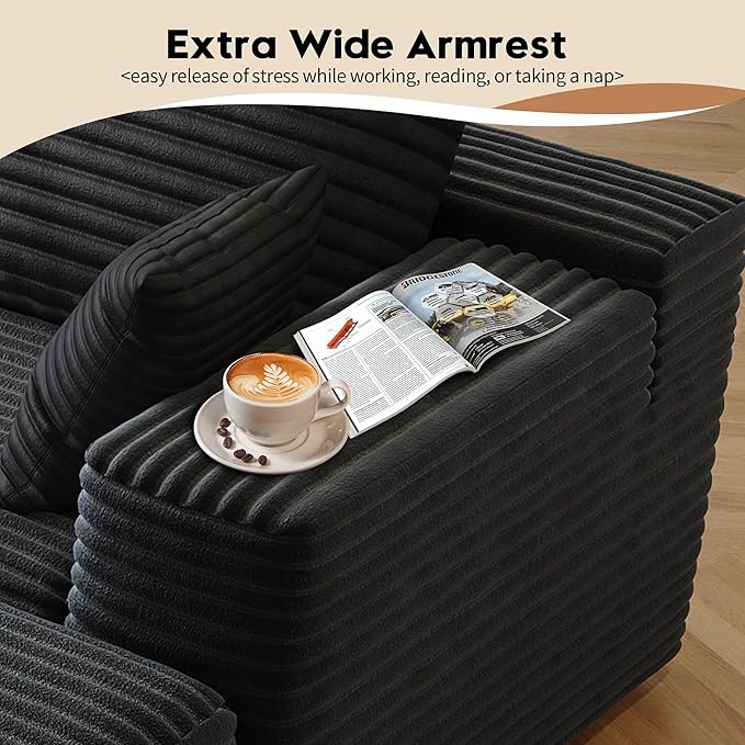139.4 L Shaped Cloud Sectional Sofa for Living Room Plush Corduroy Cover Fluffy Memory Foam Cushions No Assembly Required Modular Chaise Lounge Oversized Comfortable Couches Set Black