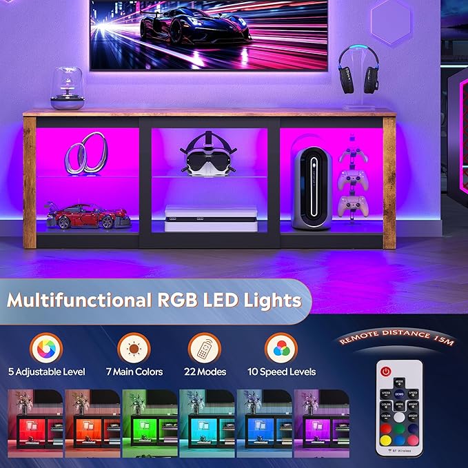 WLIVE Modern LED TV Stand for 65 70 Inch TV 58 Entertainment Center with Adjustable Glass Shelves &amp RGB Lights Wood Media Console Table for Living Room Bedroom Gaming Room Rustic Brown