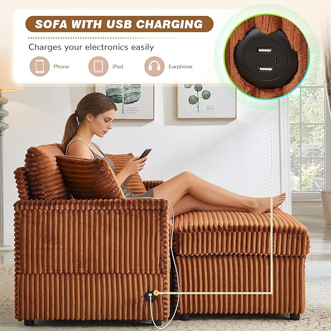 Chaise Lounge Chair Indoor 68 W Corduroy Loveseat Sectional Couch with Sorage Ottoman/Wing Table/Charge Ports/Cup Holder Modern Comfy Deep Seat Reading L-Shape Sofa for Living Room Orange