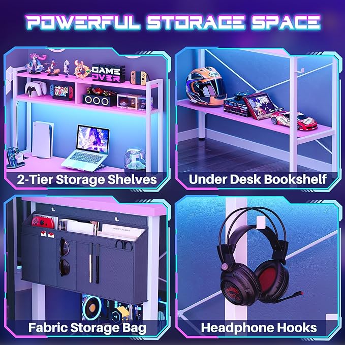 Aheaplus L Shaped Desk Gaming Desk 59 L Shaped Computer Desk with LED Light &amp Power Outlet Reversible Home Office Desk Gamer Desks with Shelves &amp Storage Bag &amp Hooks Corner PC Desk Pi