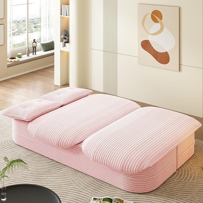 78.7 Convertible Sleeper Sofa Bed with 2 Soft Pillows 2-in-1 Fold Out Couch Upholstered in Luxurious Plush Corduroy Fabric Deep Seat Couch for Living Room Bedroom Guest Room Pink