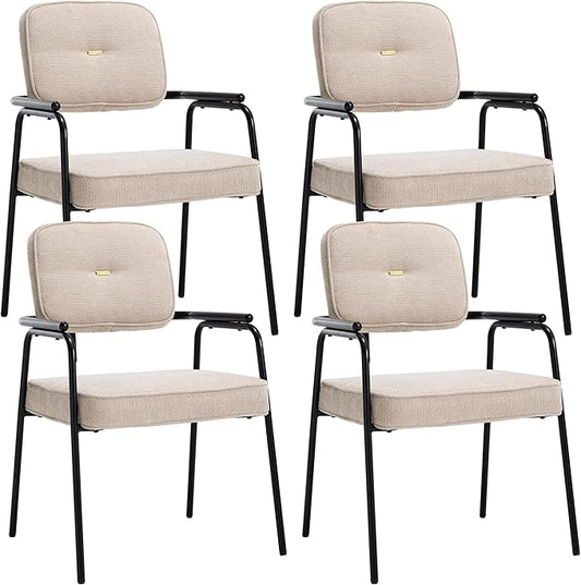Accent Chair Dining Chair Set of 4 Chenille Upholstered Armchair Reading Side Chair Comfy Living Room Chair with Black Metal Legs for Bedroom Waiting Room Beige