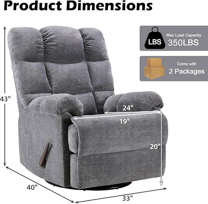 CANMOV Swivel Rocker Recliner for Adults Glider Rocking Reclining Chair for Nursery Manual Recliner Chair with Overstuffed Back and Arms for Living Room Bedroom Nursery Grey