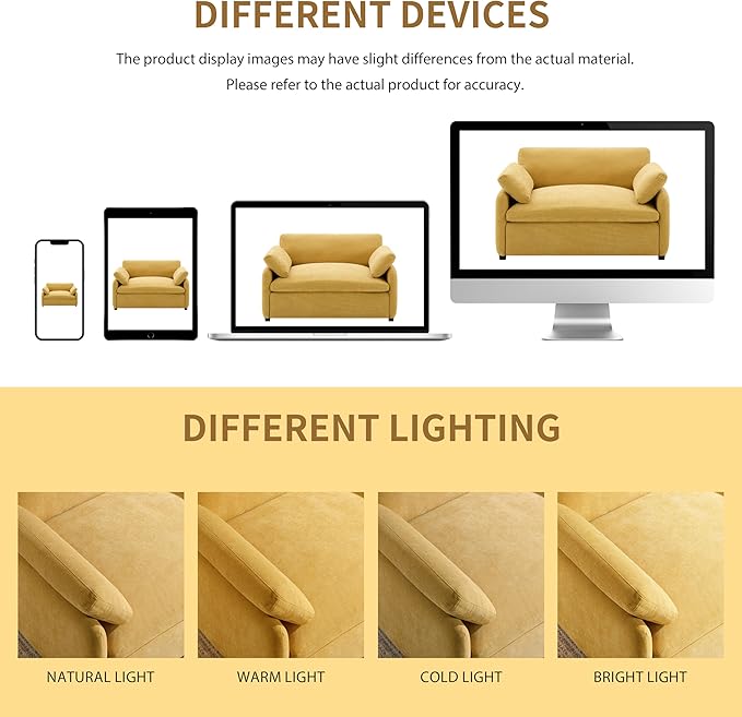 50*43 Oversized Chenille Single Sofa ChairWide and Deep Seat Accent ChairModern Upholstered Comfy ArmchairColor Blocking Couch Lounge with Pillows for Living RoomApartmentBedroom Yellow