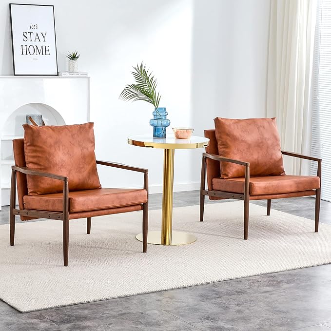 PU Leather Accent Arm Chair Mid Century Modern Upholstered Armchair with Imitation Solid Wood Walnut Color Metal Frame Extra Thick Padded Backrest and Seat Cushion Sofa Chairs for Living Room