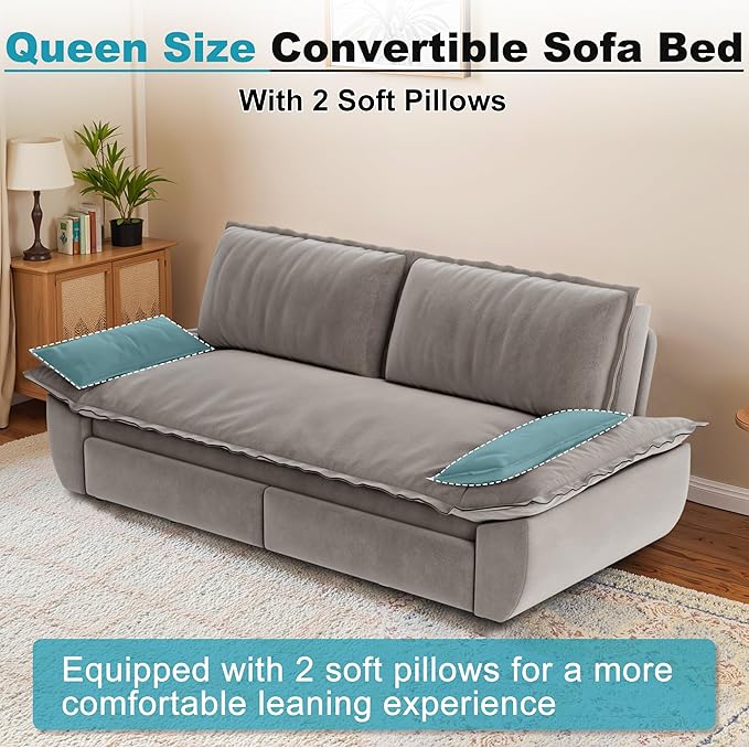 Queen Size Sleeper Sofa Bed 73.2 Inch Pull Out Couch Velvet Loveseat Sofa Bed 3 in 1 Convertible Queen Couch Beds for ApartmentBedroom Living Room Light Gray
