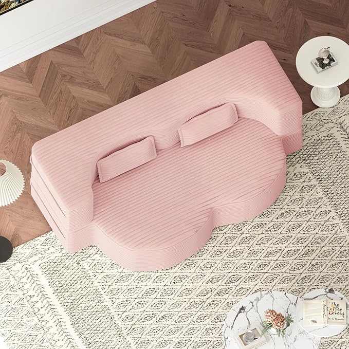 2 in 1 Convertible Folding Sofa Bed Plush Corduroy Lazy Lounge Sofabed Foam Folding Floor Sofa Bed 78 Full Size Memory Foam Couch for Living Room Guestroom No Assembly Sofabed (Baby Pink)