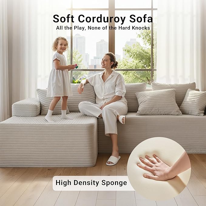 Boneless Couch Cloud Couch Sectional L-Shape Corduroy Modular Sectional Sofa Deep Seat Upholstered Couches for Living Room No Assembly Required Beige Left Facing Chaise