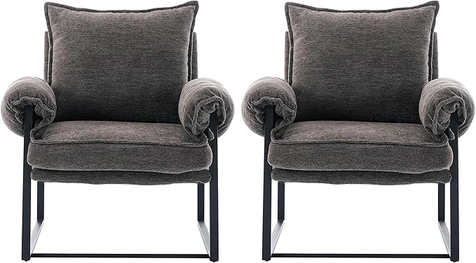YISHENG Accent Chair with 6-Angle Adjustable Backrest(90°–180°) Chenille Fabric Living Room Chair Upholstered Lounge Chair Modern Cozy Reclining Chair for Reading Reception RoomBalcony 2PC Gray