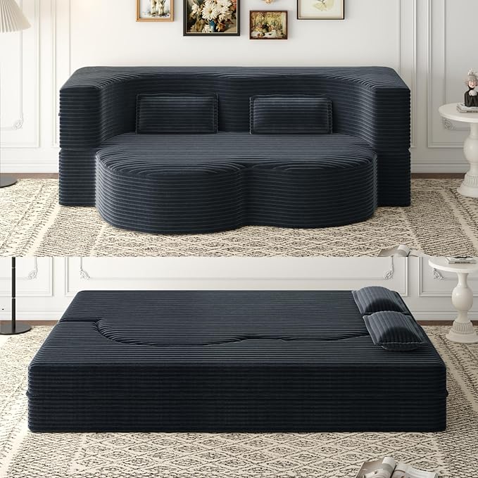 78 inch Memory Foam Couch Sofa Bed Convertible Folding Velvet Chenille Lazy Lounge Floor Full Size Sofabed Sleeper Couch for Small Living Room Apartment No Assembly (Dark Grey Corduroy)