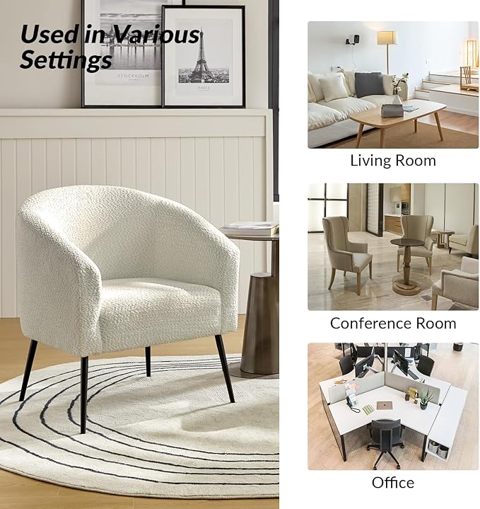 HULALA HOME Boucle Accent Chair Cozy Accent Barrel Chair with Metal Legs Upholstered Lounge Chair Single Sofa Armchair for Bedroom Living Room Reception Room Office Ivory