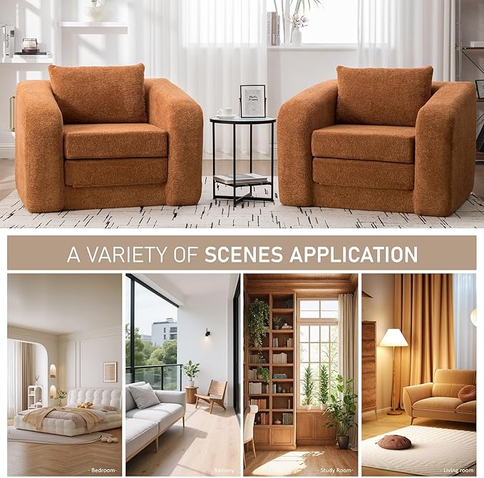 Orange Folding Sofa Bed Single - 40 Convertible Chenille Cloud Sleeper Lounge Chair with Floor Mattress &amp Pillow No Assembly Boneless Fold Out Couch for Bedroom Living Room Dorm (Orange 40 W)
