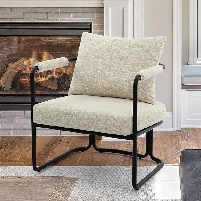 Accent Chairs Set of 2 for Living Room Mid Century Modern Upholstered Reading Armchairs for Bedroom Office with Comfy Chenille Cushion &amp Metal Frame Beige Cream