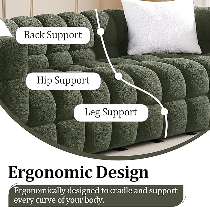 Modern Boucle Loveseat Couch for Living Room 61'' Sherpa Upholstered Sofa Couch Comfy Cloud Deep Seat Sofa Luxury Minimalist Plush Fluffy Couch for Small Apartment Office 2 Pillows Green