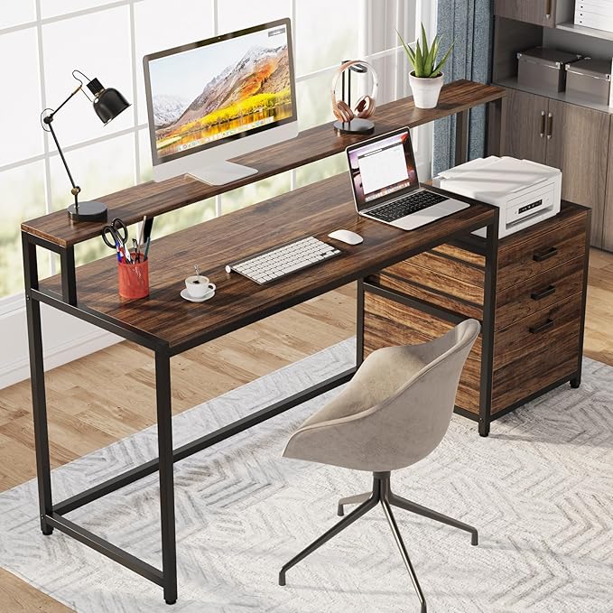 LITTLE TREE 63 Inches Computer Desk with Ergonomic Monitor Stand Home Office Desk with File Drawers