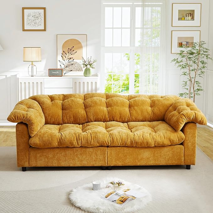 Modern Sofa Couch 94.8W Chenille Tufted Fluffy Comfy Cloud Couch with Tutfted Design &amp Armrest Pillow Upholstered Oversized Loveseat Sofa for Living Room Bedroom Office Apartment Yellow
