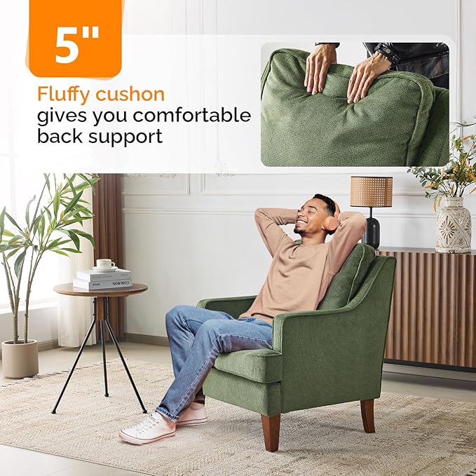 VINGLI Mid-Century Accent Chairs Green Upholstered Armchair Comfy Sofa Chair Reading Chair High Back Living Room Bedroom Furniture for Apartment